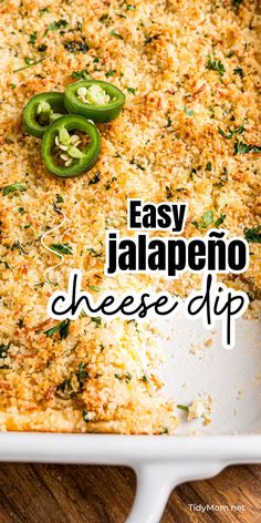 an easy jalapeno cheese dip in a white casserole dish