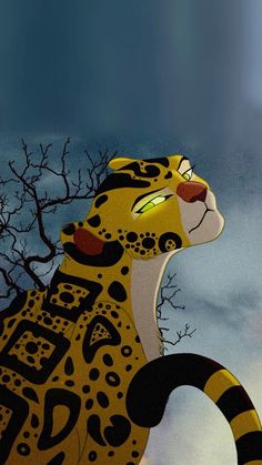 a painting of a cheetah sitting in front of a tree with no leaves