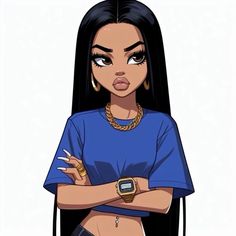 an animated woman with long black hair wearing a blue shirt and gold jewelry, standing in front of a white background