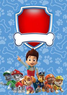 a cartoon character standing in front of a banner with paw patrol on it