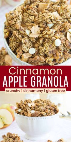 cinnamon apple granola in a white bowl on top of a table