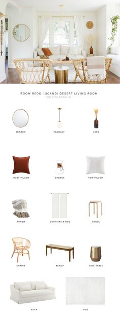 the interior design process is shown in white and gold, with different types of furniture