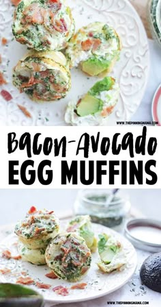 bacon and avocado egg muffins on a white plate with text overlay