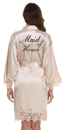 PRICES MAY VARY. [MATERIAL]: The Bride and Bridesmaid robes are made of Ultra-Luxe And Silky-Soft satin fabric [DESIGN]: Half sleeve; Sexy Lace Trim Design; With delicate Embroidery lettering "Bride" "Bridesmaid" and "Maid of Honor" on back. [OCCASIONS]: Perfect choice for wedding day, getting ready, bridal shower, sleeping, bathing and lounging. The robes for bridesmaids are also a premium wedding gift for bridal party. [SIZE]: One Size, Fits the body type of most people.Bust: 50.4inch; Length: Bridal Robes Getting Ready, Satin Bathrobe, Bride Kimono, Wedding Nightgown, Silk Bridesmaid Robes, Short Kimono Robe, Women Bride, Kimono Robes, Satin Kimono