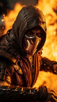 a man in a helmet and gas mask standing next to a fire filled area with flames