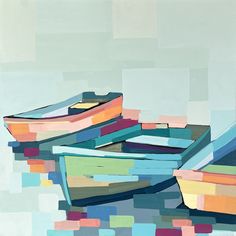 three boats are sitting on the water in front of each other, one is painted multicolored