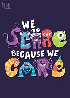 we are scary because we care throw pillow with colorful monsters on the front and back