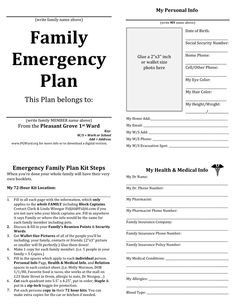 the family emergency plan is shown in black and white, as well as an image of a