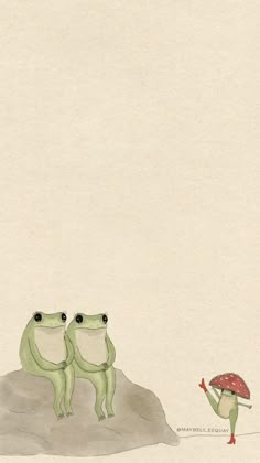 two frogs are standing in front of an umbrella and another frog is sitting on the ground