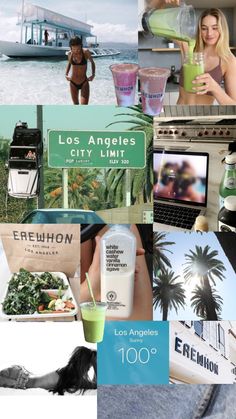 the collage has many different pictures and words on it, including an image of a woman holding a green smoothie