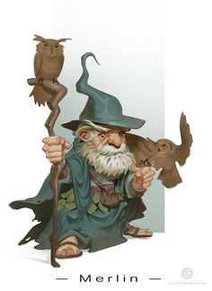 an old wizard sitting on the ground holding a wand and two owls perched on his back