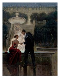 a painting of two people standing in front of a fountain