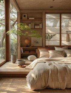 a bed sitting in a bedroom next to a window with lots of light on it