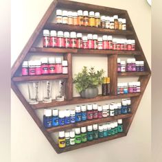 Hexagon Essential Oil Shelf I've Never Hung It Or Used It. Essential Oil Cabinet, Essential Oil Display Ideas, Essential Oils Shelf, Essential Oil Display, Oil Display, Oil Shelf, Essential Oil Shelf, Essential Oil Storage, Oil Storage