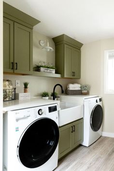 Lake house laundry remodel with green cabinets and white quartz countertops. 90's remodel Lake House Laundry Room, House Laundry Room, Laundry Room Renovation, Beautiful Cottages, Room Renovation