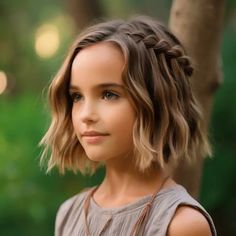 Wavy Bob with Side Braid Hair Cuts For Girls Medium Kids, Short Hair Styles Little Kids, Girls Chin Length Haircut Kids, Kids Lob Haircut, Short Hairstyles For Kids Girl, Girl Short Haircut Kids, Shoulder Length Hair For Girls Kids, Short Hair Style For Kids School, Girls Lob Haircut Kids