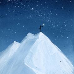 a man standing on top of a snow covered mountain under a sky filled with stars