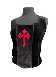 "This is a black velvet valour mix stretchy fitted sleeveless crop top.  It is a sm and would fit Upto a size Uk 8 to 14 chest upto 38\"when fully stretched. Available in red or purple cross." Sleeveless Black Top For Cosplay, Fitted Alternative Style Vest Top, Black Sleeveless Top For Cosplay, Gothic Sleeveless Tops For Cosplay, Fitted Black Crop Top For Cosplay, Red Fitted Vest Crop Top, Black Fitted Patchwork Top, Black Fitted Crop Top Vest, Fitted Gothic Crop Top For Cosplay