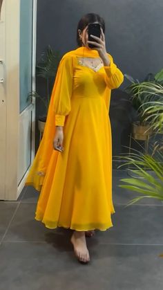 Yellow Salwar Suit For Haldi, Jorjet Kurti Design New, Girlish Saree, Nepali Dress, Yellow Suits, Dhoti Dress, Yellow Lehenga Choli, Anarkali Designs, Garba Dress