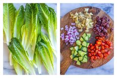 lettuce, tomatoes, onions and other vegetables on a cutting board next to each other