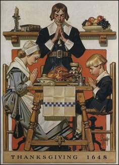 a thanksgiving card with an image of two children sitting at a table and praying over a turkey