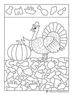 a coloring page with a turkey and pumpkins