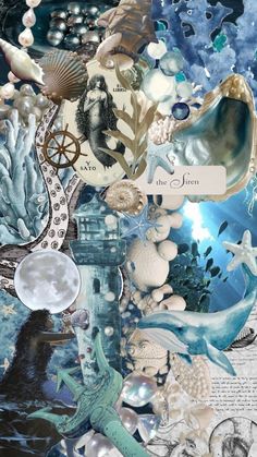 an altered collage with sea creatures and seashells