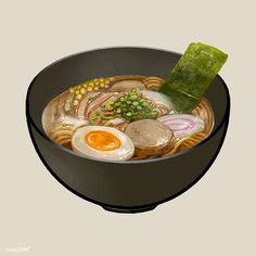 a bowl filled with noodles and vegetables next to an egg