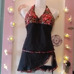 Drawstring Ruched Skirt Over Standard Bottoms Tank Styled Halter Top Floral Trim Throughout Tankinis 2000s, 2000s Tankini, Tankini Aesthetic, Summer Floral Print Tankini With Tie-side Bottom, Printed Tankini With Tie-side Bottom, Whimsigoth Tank Top, Tank Bikinis, Ruched Skirt, Mom Outfits