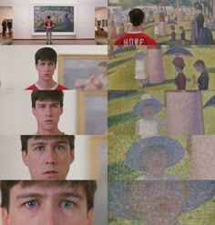 a collage of images with people in the background and paintings on the wall behind them