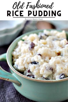 old fashioned rice pudding in a green bowl