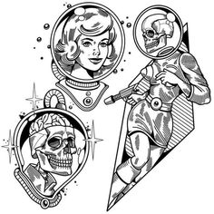 two women in space suits, one with a skull on her head and the other holding a