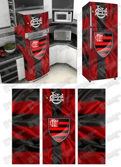 a kitchen with red and black curtains in the shape of an emblem on the refrigerator