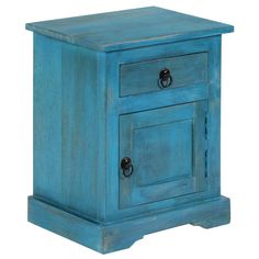 a blue wooden cabinet with two drawers