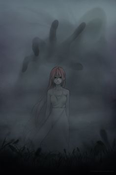 a woman with pink hair standing in front of a creepy looking sky and grass area