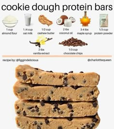 an info sheet describing how to make cookie dough protein bars with chocolate chips and almonds