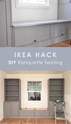 the before and after pictures of an ikea hack diy banquet seating area with built - in bookcases