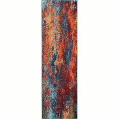 an orange and blue area rug on a white background with lots of paint splatters