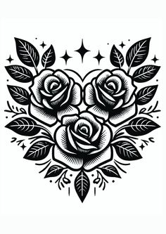 a black and white drawing of three roses with leaves on the bottom, surrounded by stars