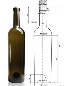 a wine bottle is shown with measurements for the top and bottom half, as well as its size