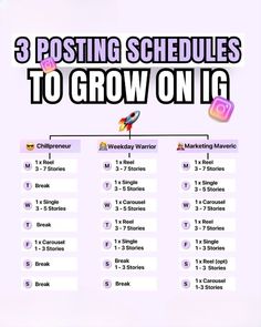 the 3 posting schedules to grow on ig are shown in purple and black