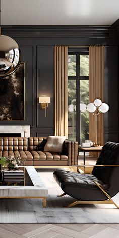 an elegant living room with black walls and gold trimmings, leather furniture and large windows