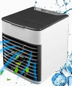 an air conditioner with water splashing around it and the cooling fan on top