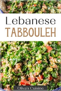 a bowl filled with vegetables and rice next to the words lebanese tabbouleh