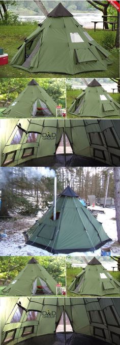 several different views of a tent with trees in the back ground and on top of it