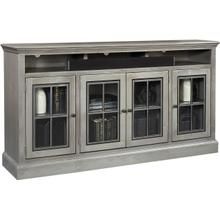 a large entertainment center with glass doors and shelves on each side, in an antique grey finish