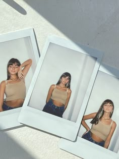 three polaroid photos of two women in tank tops