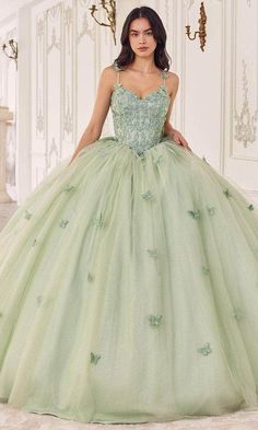 Ladivine 15718 - Butterfly Applique Ballgown Sage Ball Gown, Quinceanera Dresses Light Green, Green Ball Gown Princesses, Light Green Princess Dress, Butterfly Theme Dress, Light Green Quinceanera Dresses, Butterfly Quince Dress, Sage Green Quinceanera Dresses, Quinceanera Inspiration