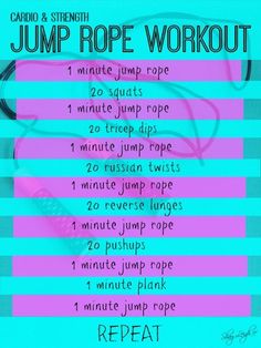 an exercise poster with the words jump rope workout on blue and pink stripes in front of it