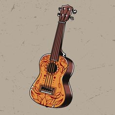 an orange and black ukulele sitting on top of a gray background with floral designs